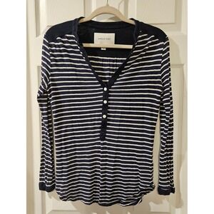 Amour Vert 100% Linen Henley Top Striped Navy White Long‎ Sleeve Women's Small
